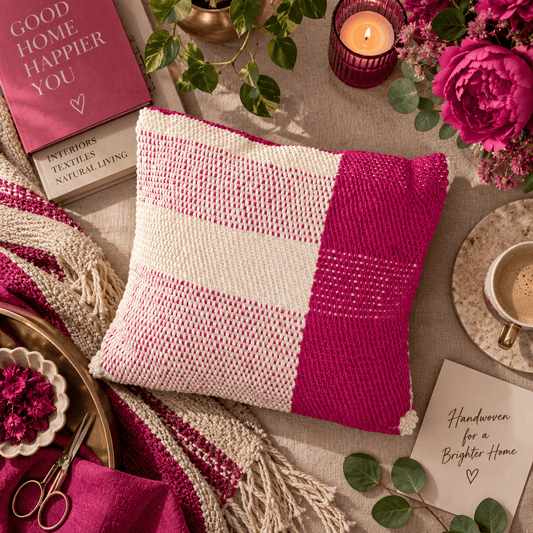 Handwoven Fuchsia & Cream Statement Cushion - KJ Designs