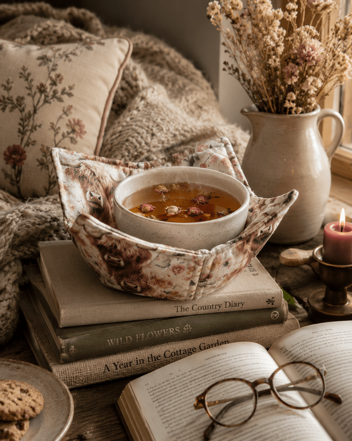 Highland Cow Bowl Cozy: Floral Farmhouse Decor - KJ Designs