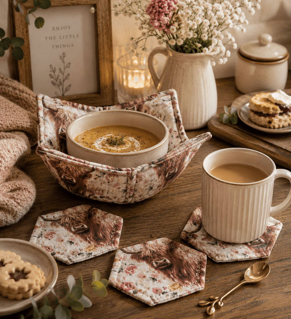 Highland Cow Bowl Cozy: Floral Farmhouse Decor - KJ Designs