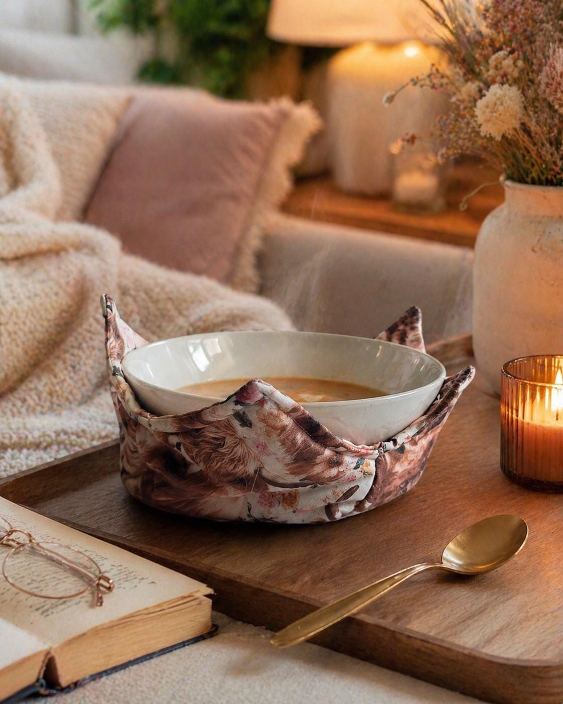 Highland Cow Bowl Cozy: Floral Farmhouse Decor - KJ Designs