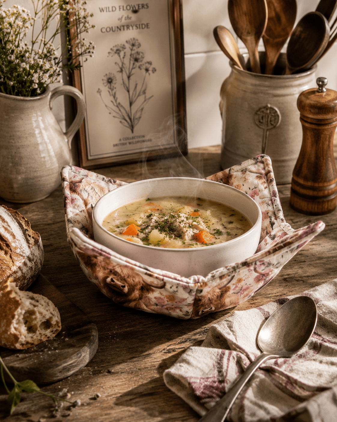 Highland Cow Bowl Cozy: Floral Farmhouse Decor - KJ Designs