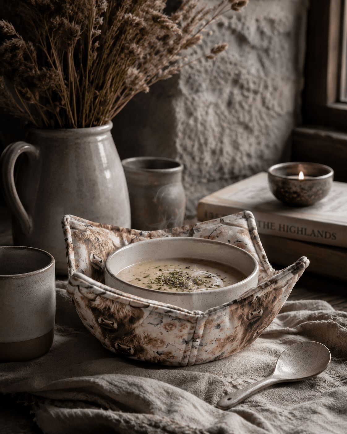 Highland Cow Bowl Cozy: Floral Farmhouse Decor - KJ Designs