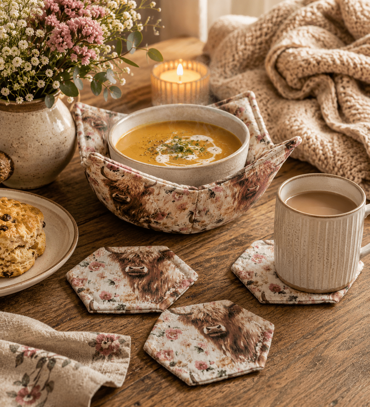Highland Cow Bowl Cozy: Floral Farmhouse Decor - KJ Designs