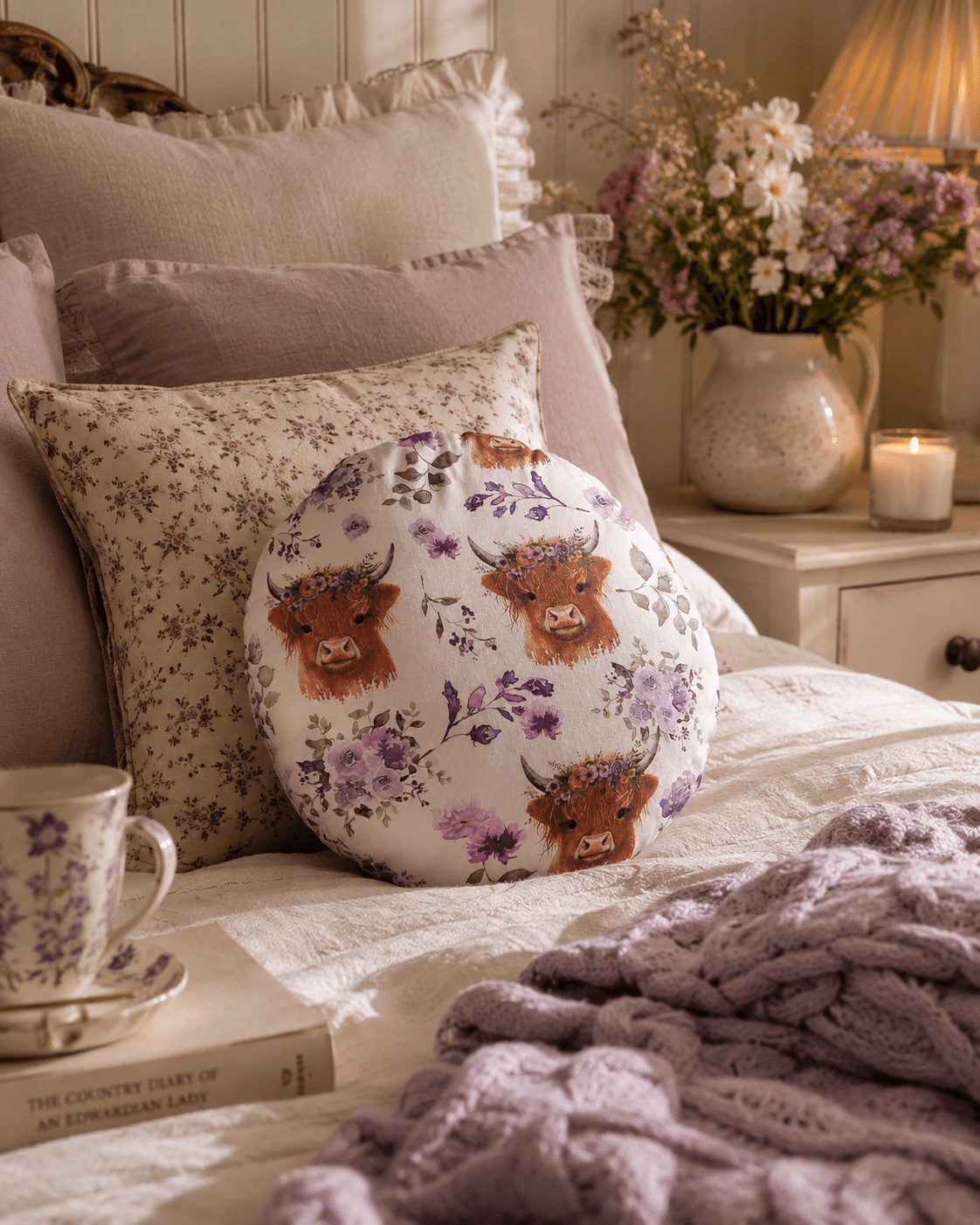 Highland Cow Cushion: Floral Print, Purple Velvet Back - KJ Designs