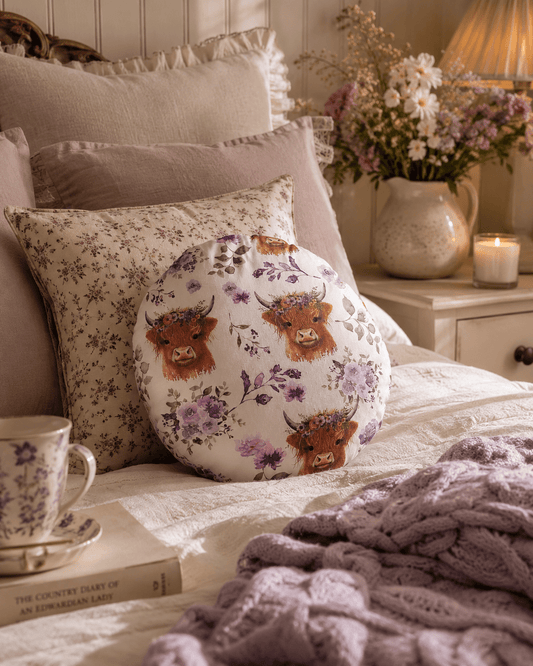 Highland Cow Cushion: Floral Print, Purple Velvet Back - KJ Designs