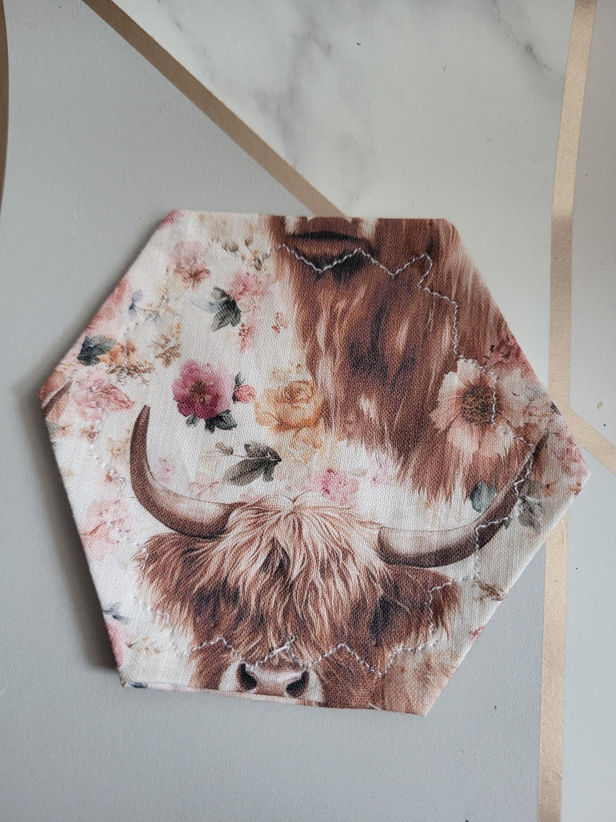 Highland Cow Fabric Coasters: Set of 4 Hexagon Coasters - KJ Designs