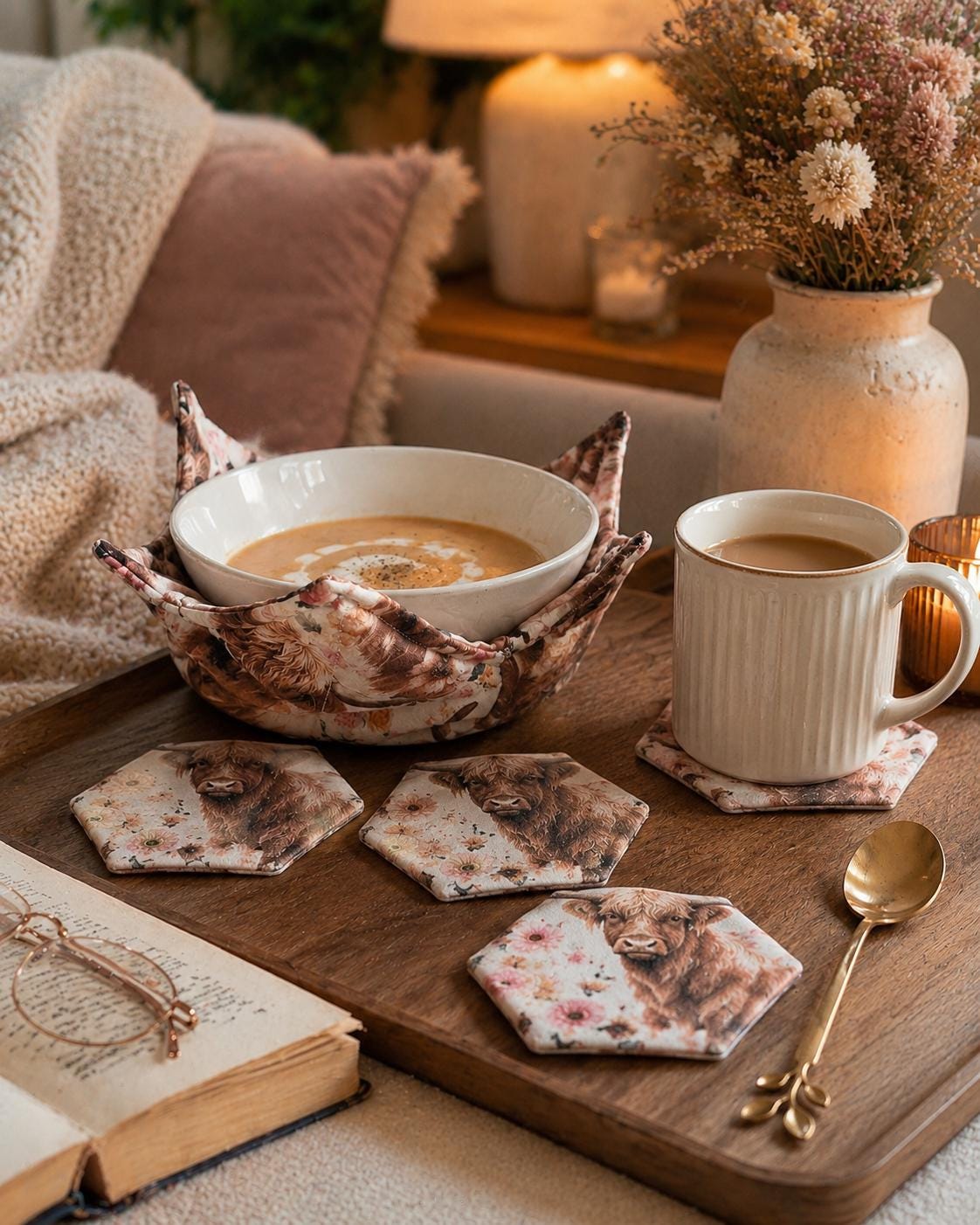 Highland Cow Fabric Coasters: Set of 4 Hexagon Coasters - KJ Designs