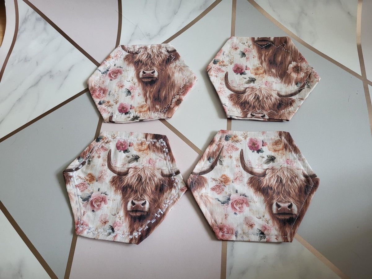 Highland Cow Fabric Coasters: Set of 4 Hexagon Coasters - KJ Designs