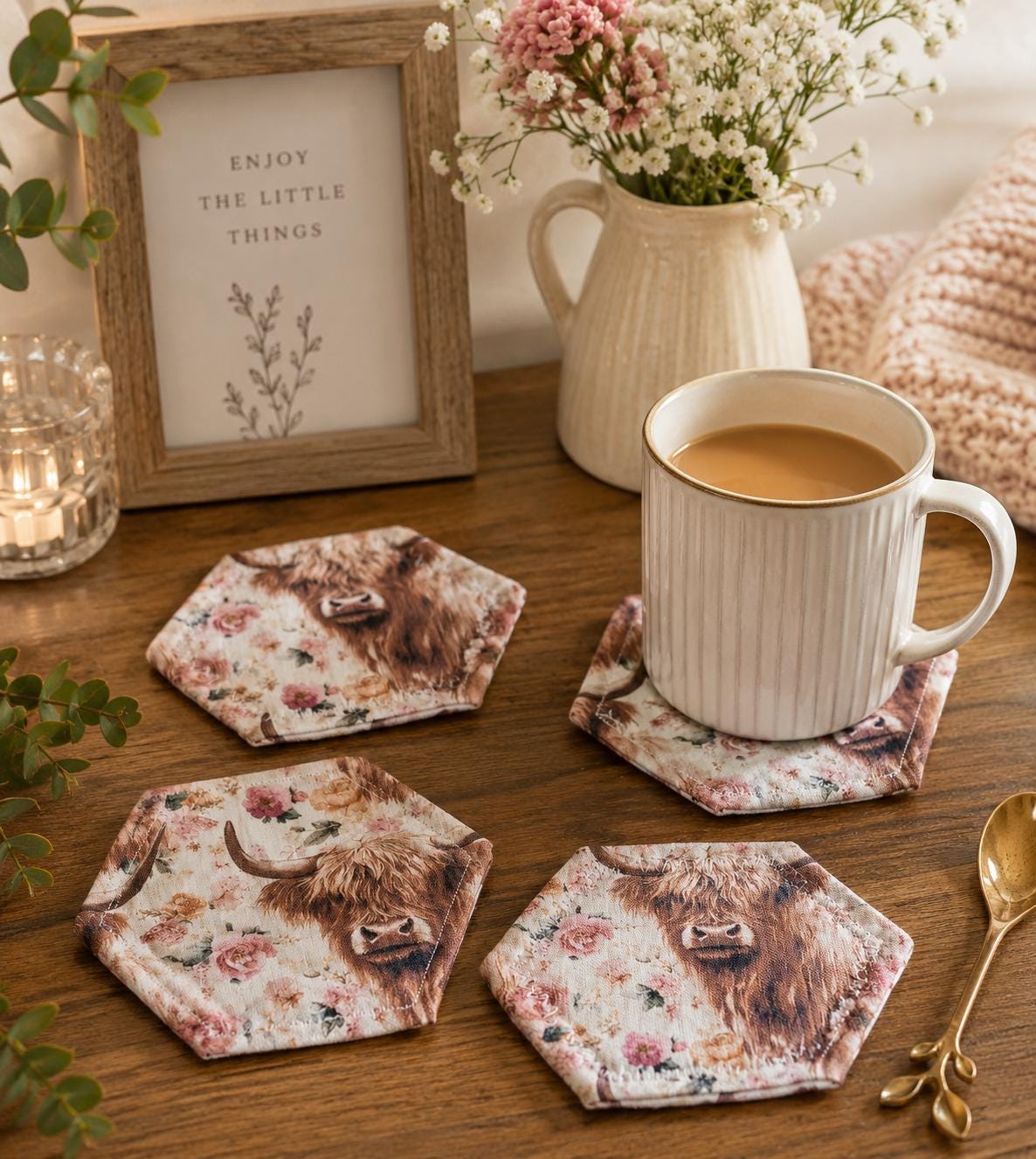 Highland Cow Fabric Coasters: Set of 4 Hexagon Coasters - KJ Designs