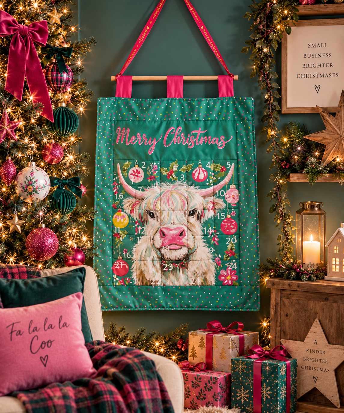 Highland Cow Reusable Fabric Advent Calendar - KJ Designs