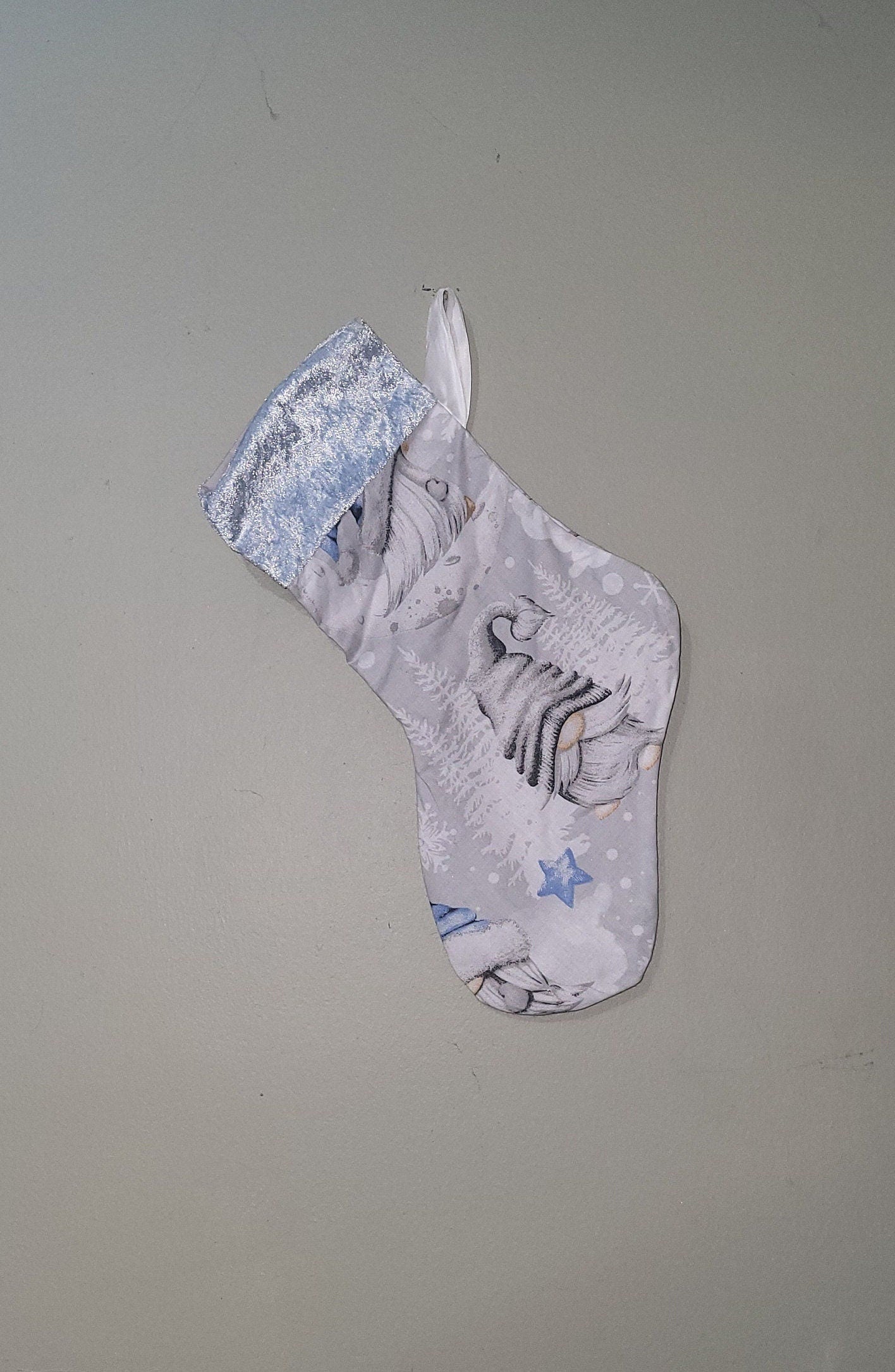 Gonk Fabric Christmas Stocking: Blue Velvet Trim, Festive Decor