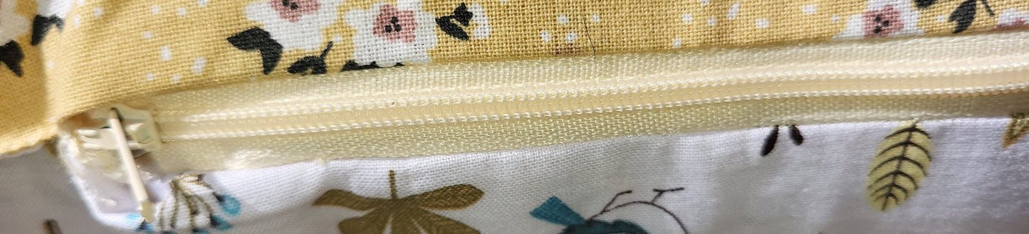Yellow Floral Bird Print Cushion | Reversible Cottage Style Decor