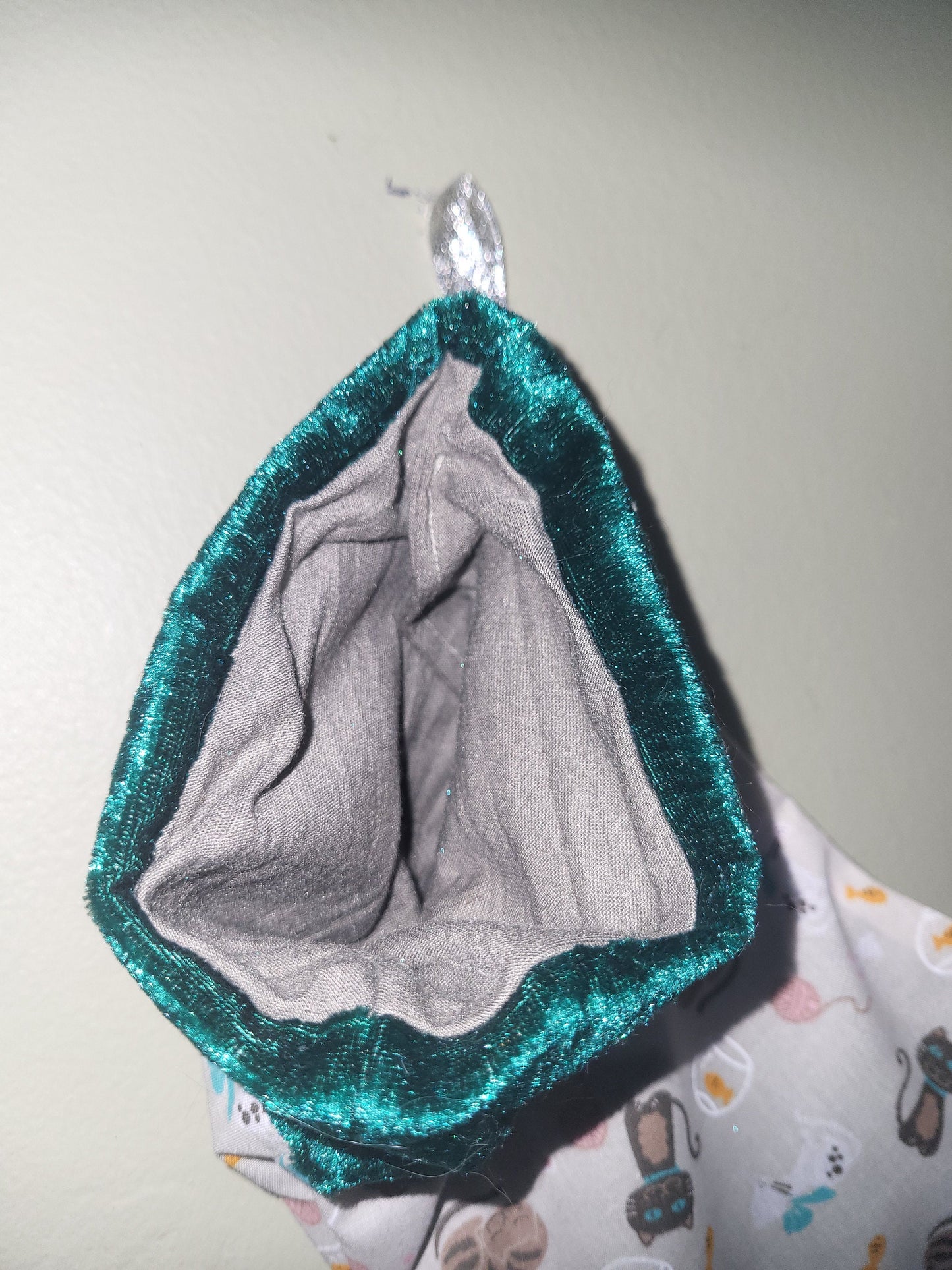 Cat Christmas Stocking: Emerald Velvet Trim, Feline Lover Gift