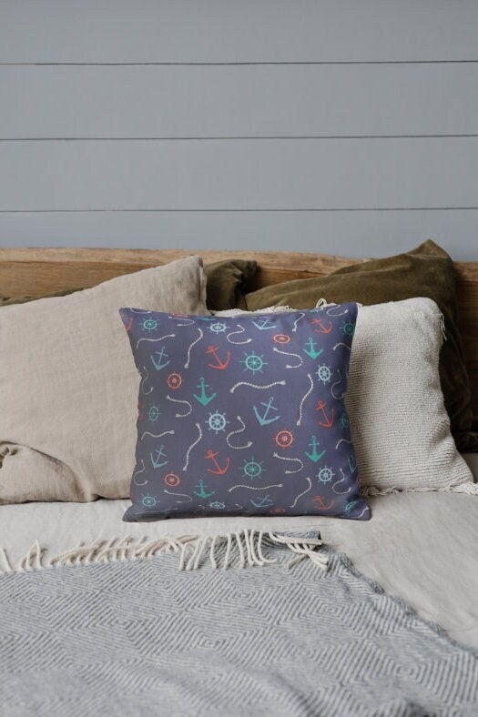 Nautical Pillow Set: Navy Blue Anchor Cushions, Summer Decor