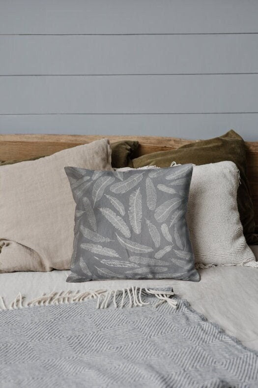 Feather Print Grey Cushion Cover: Hand-Dyed Minimalist Decor