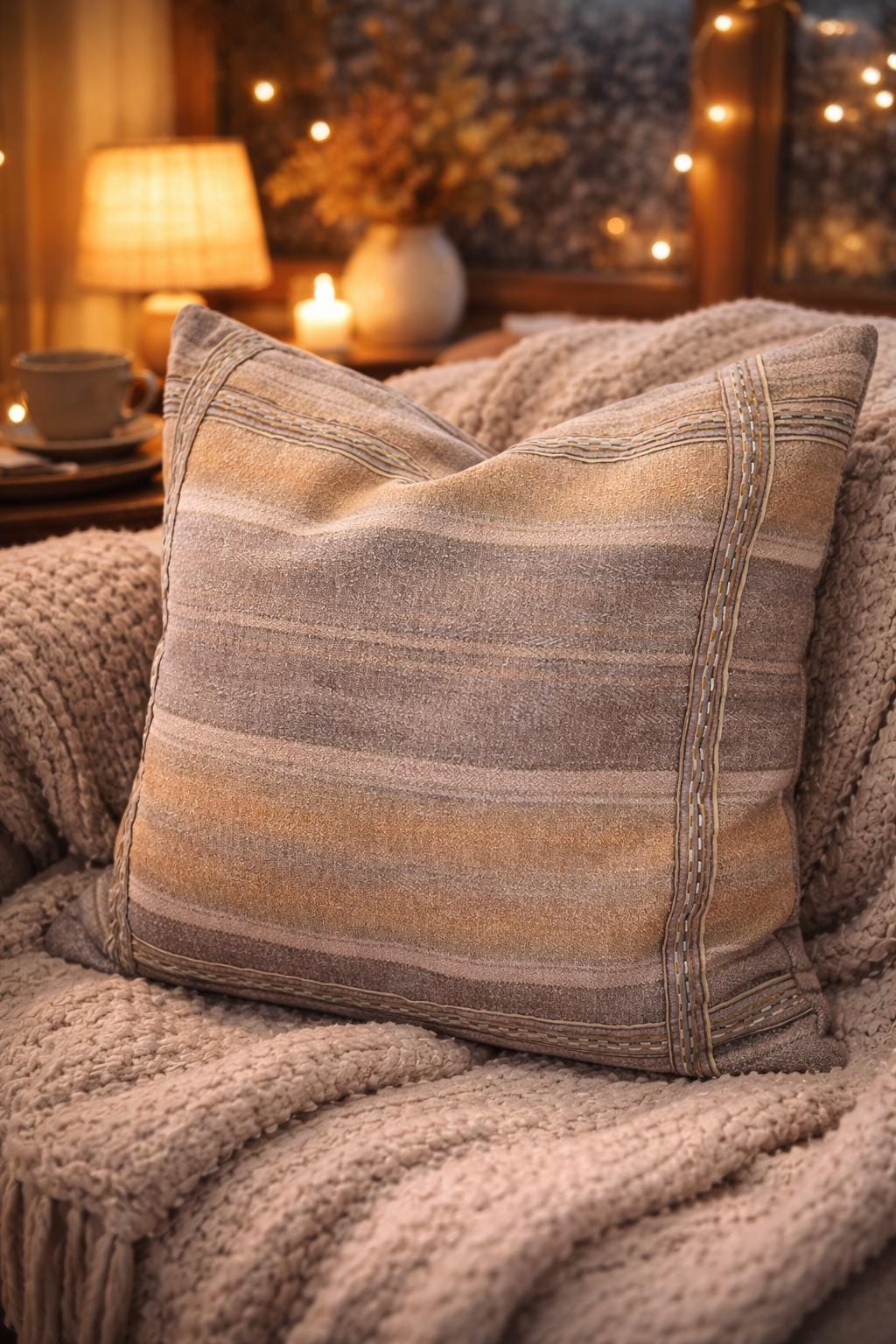 Neutral Stripe Cushion 40x40cm – Beige Taupe Textured Pillow with Ribbon Detail