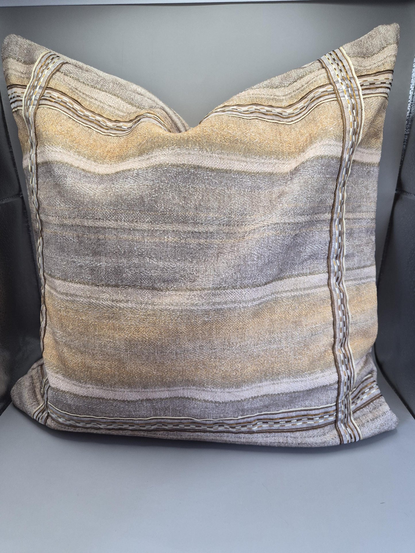 Neutral Stripe Cushion 40x40cm – Beige Taupe Textured Pillow with Ribbon Detail