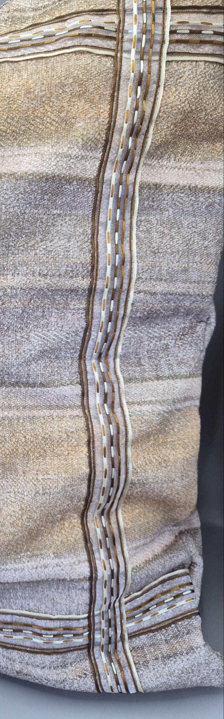 Neutral Stripe Cushion 40x40cm – Beige Taupe Textured Pillow with Ribbon Detail