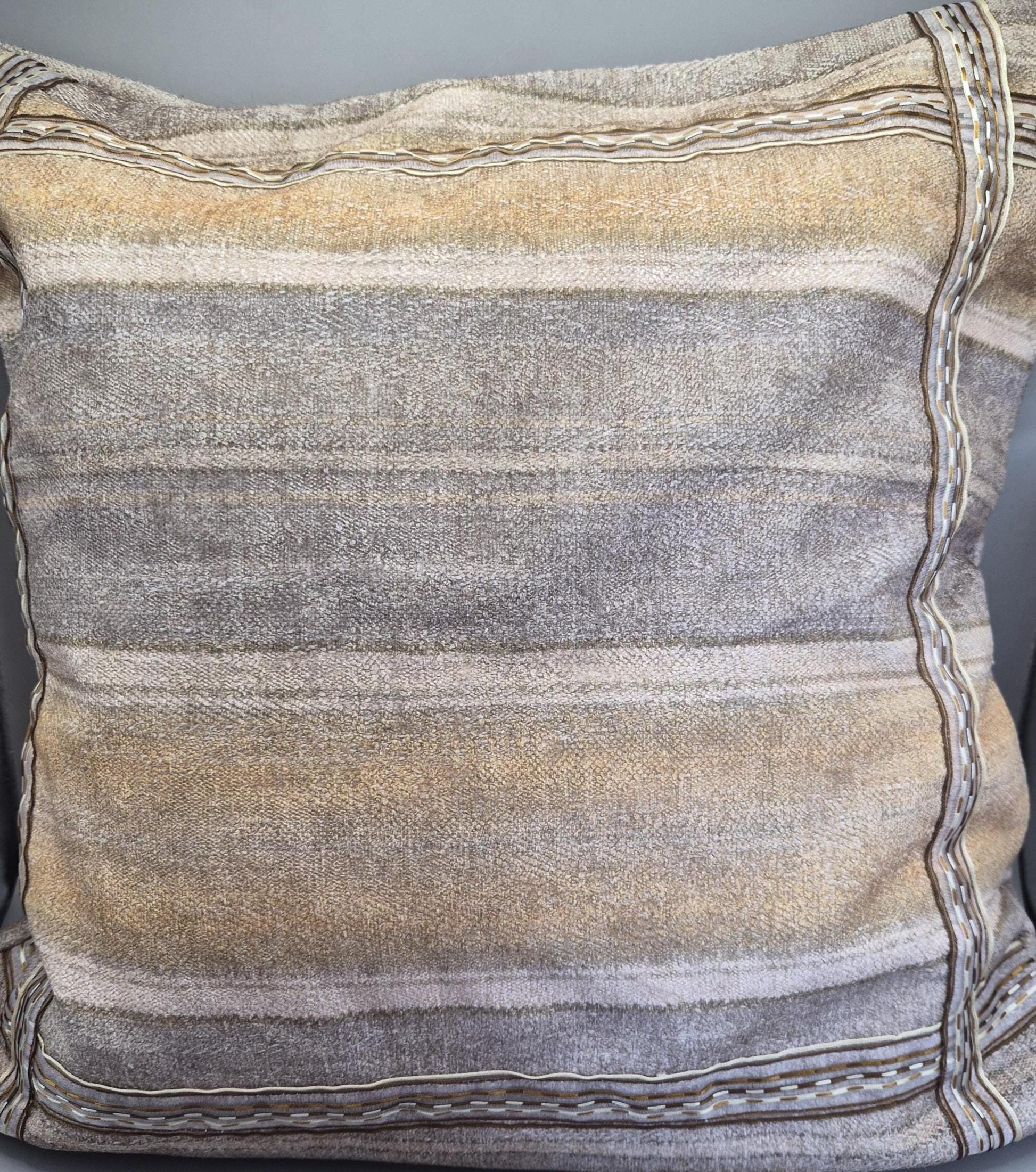 Neutral Stripe Cushion 40x40cm – Beige Taupe Textured Pillow with Ribbon Detail