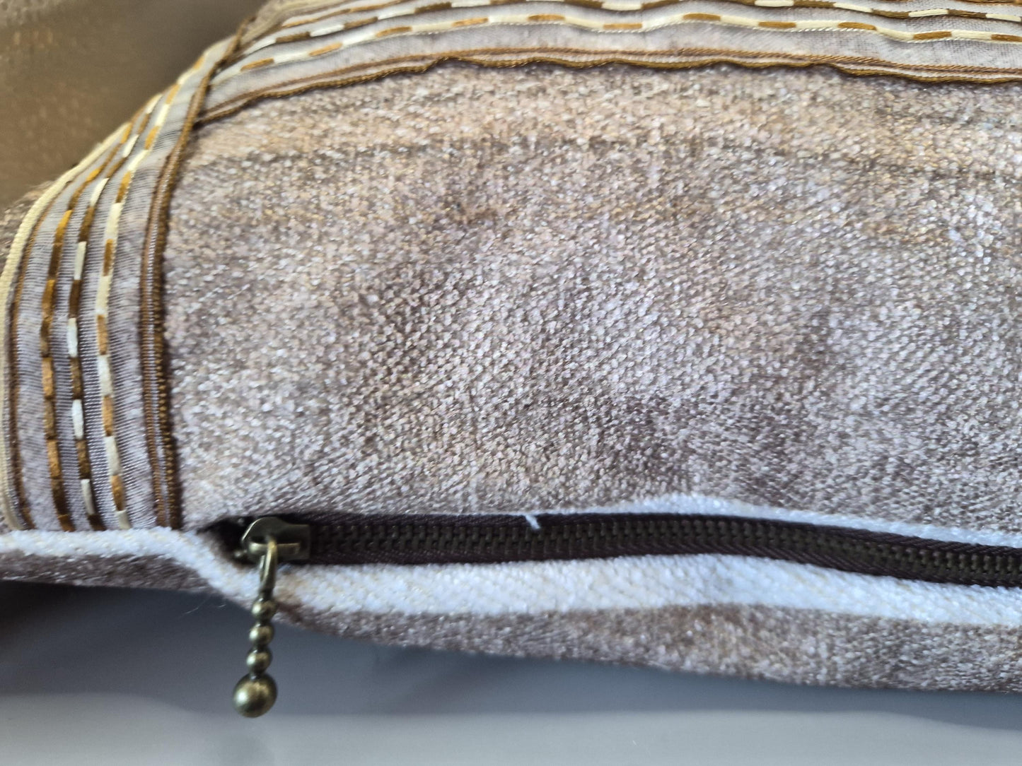 Neutral Stripe Cushion 40x40cm – Beige Taupe Textured Pillow with Ribbon Detail