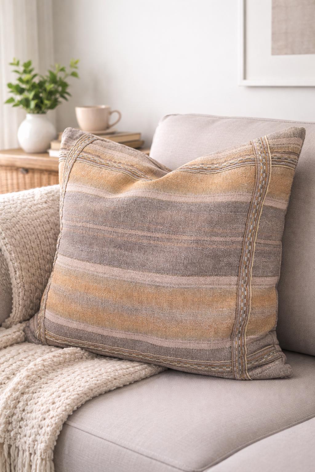 Neutral Stripe Cushion 40x40cm – Beige Taupe Textured Pillow with Ribbon Detail