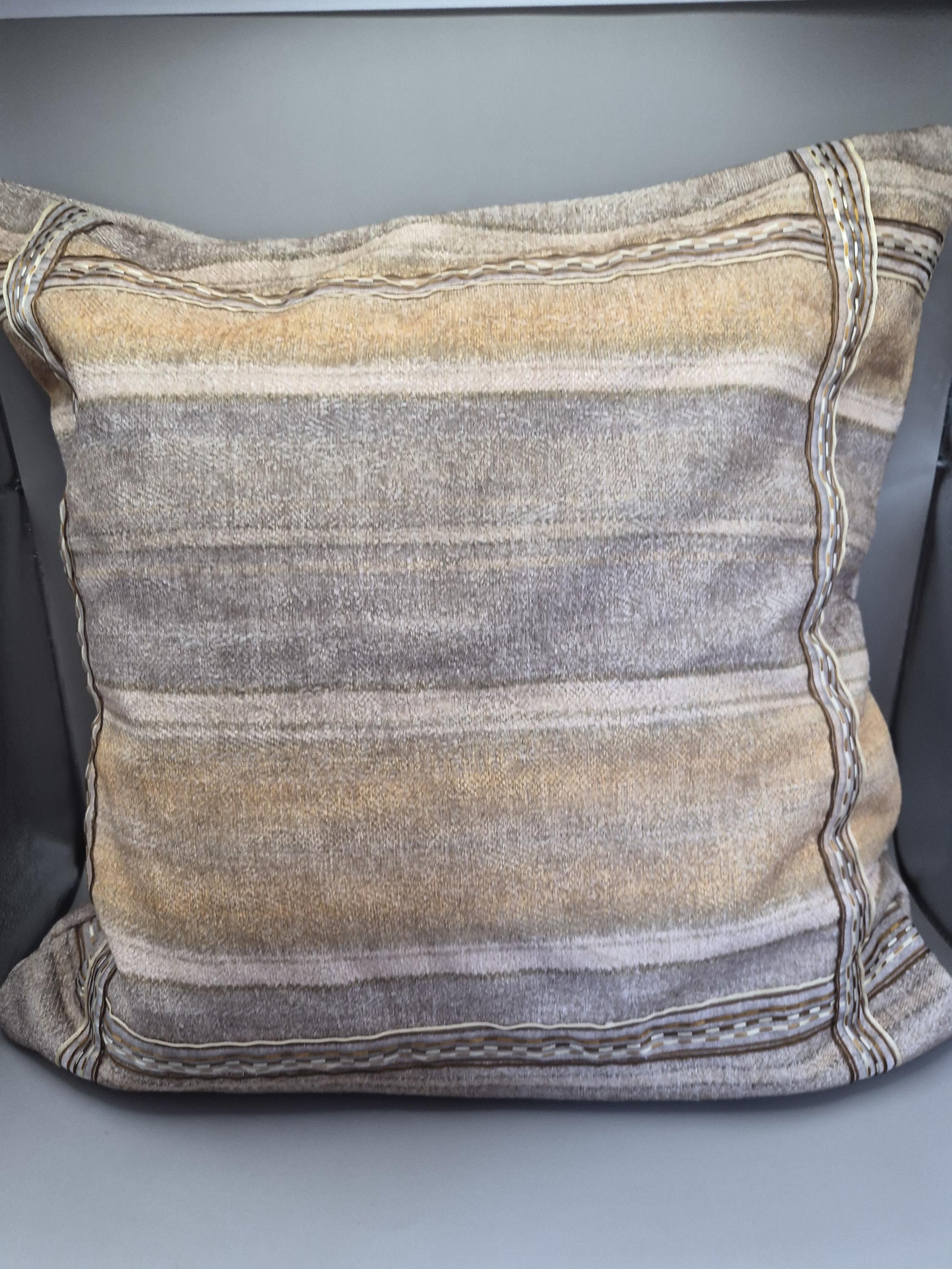 Neutral Stripe Cushion 40x40cm – Beige Taupe Textured Pillow with Ribbon Detail