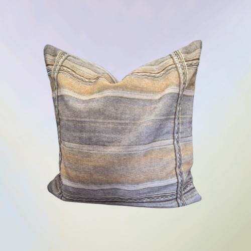 Neutral Stripe Cushion 40x40cm – Beige Taupe Textured Pillow with Ribbon Detail
