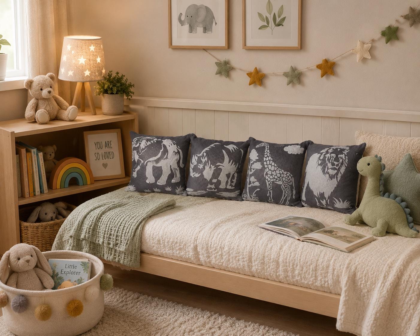Handprinted Safari Pillows: Wild Animal Nursery Decor, Animal Lover Gift