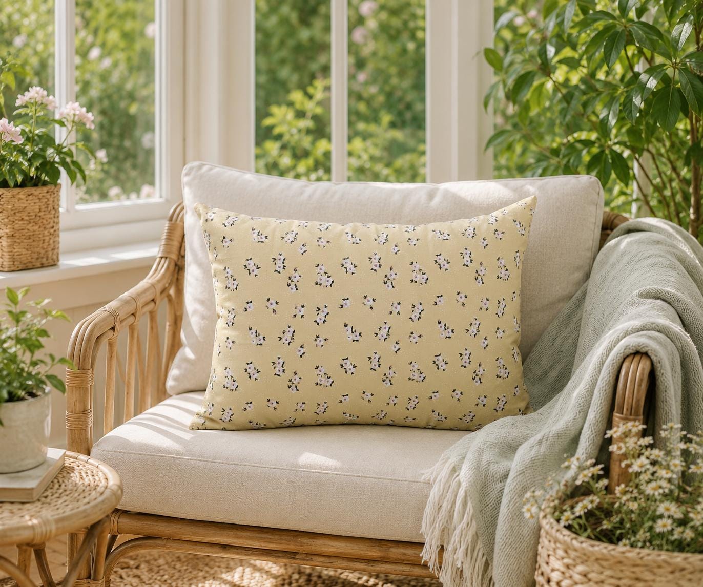 Yellow Floral Bird Print Cushion | Reversible Cottage Style Decor