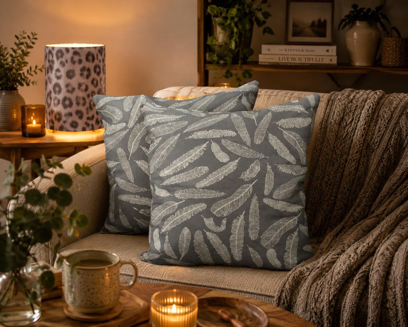 Feather Print Grey Cushion Cover: Hand-Dyed Minimalist Decor