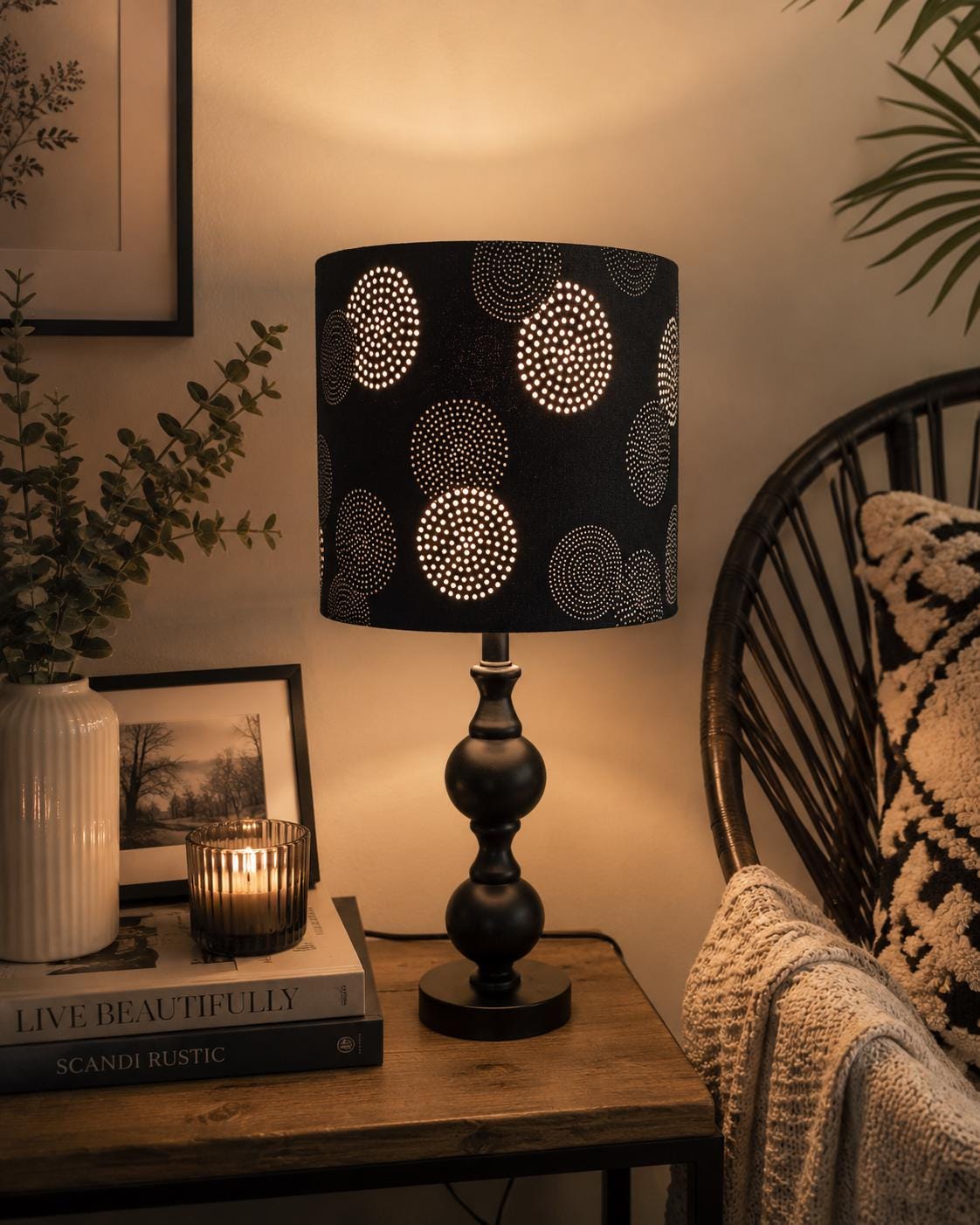 Black & White Polka Dot Drum Lampshade: Minimalist Geometric Print