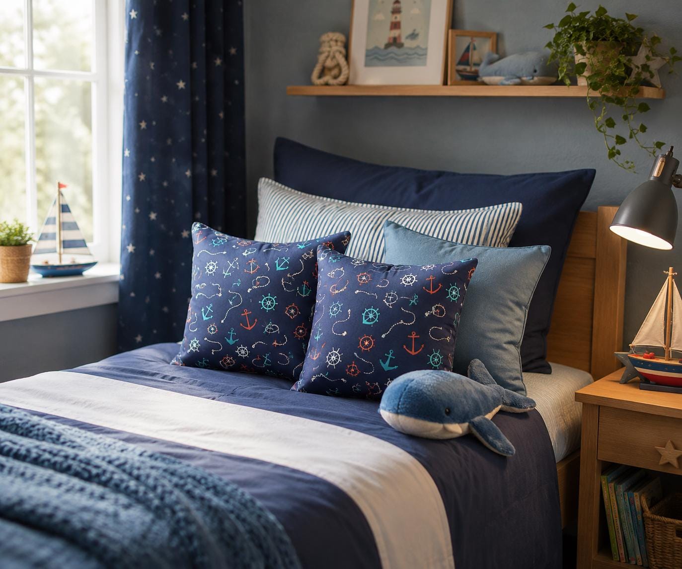 Nautical Pillow Set: Navy Blue Anchor Cushions, Summer Decor
