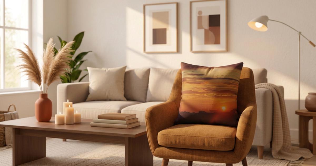 Sunset Landscape Cushion Cover | Hand-Dyed Backing, Digital Print Pillow (30x30cm)