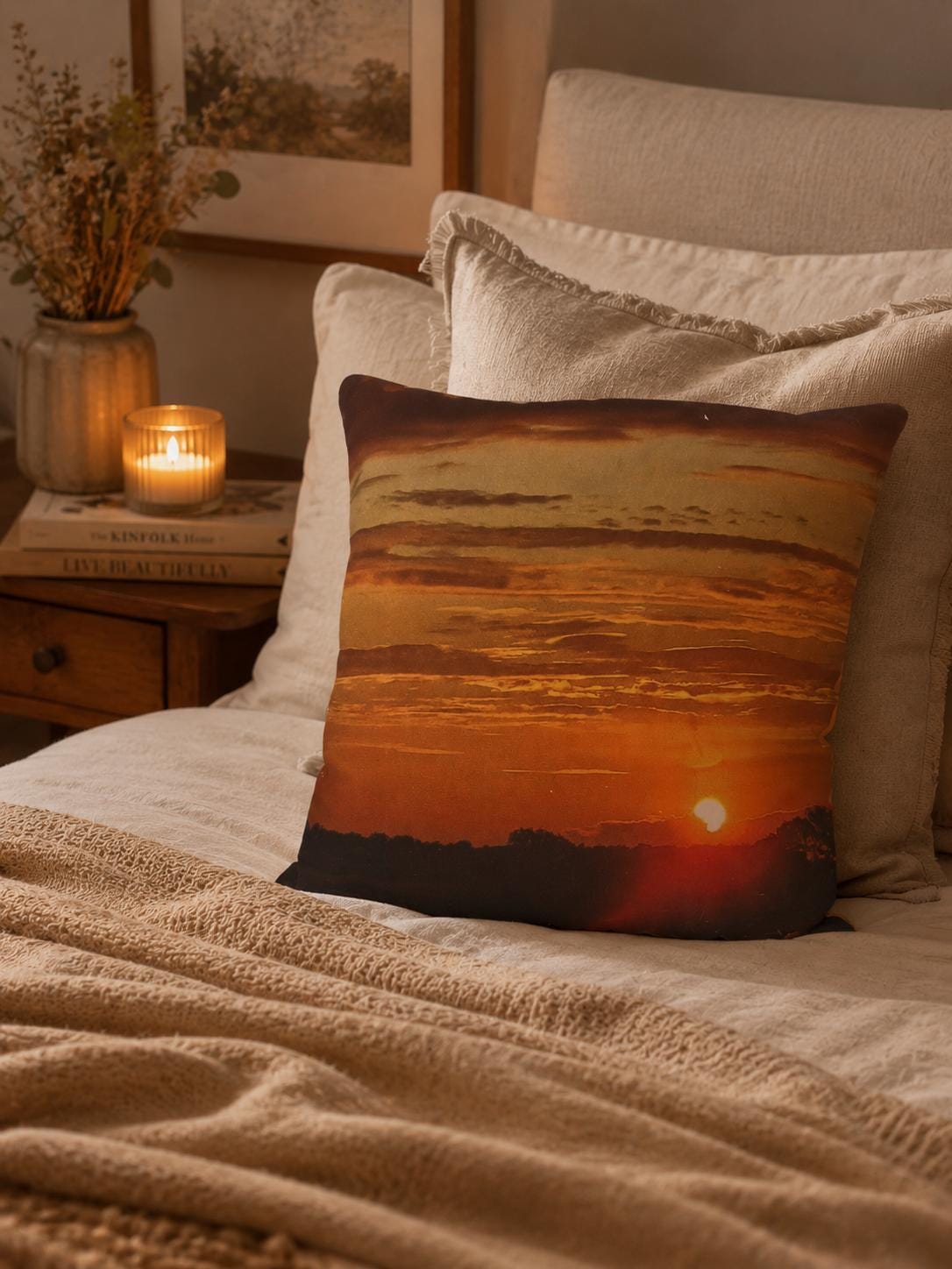 Sunset Landscape Cushion Cover | Hand-Dyed Backing, Digital Print Pillow (30x30cm)