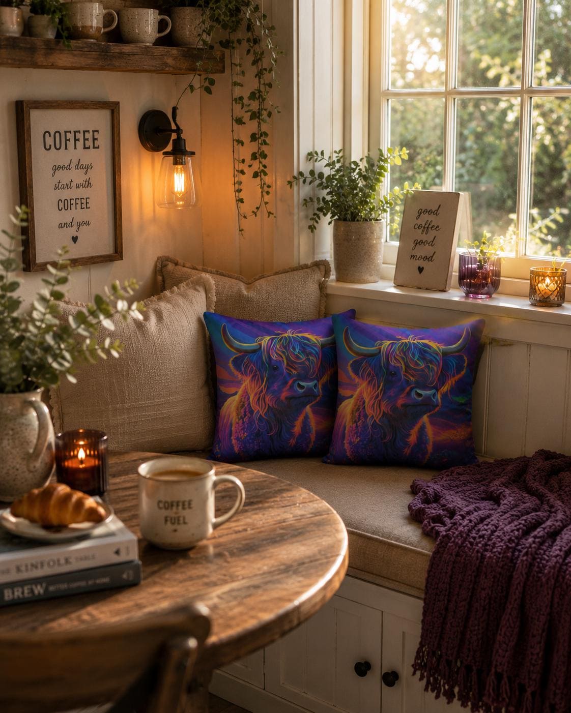 Vibrant Highland Cow Cushions | Colourful Scottish Accent Pillows (30x30cm)