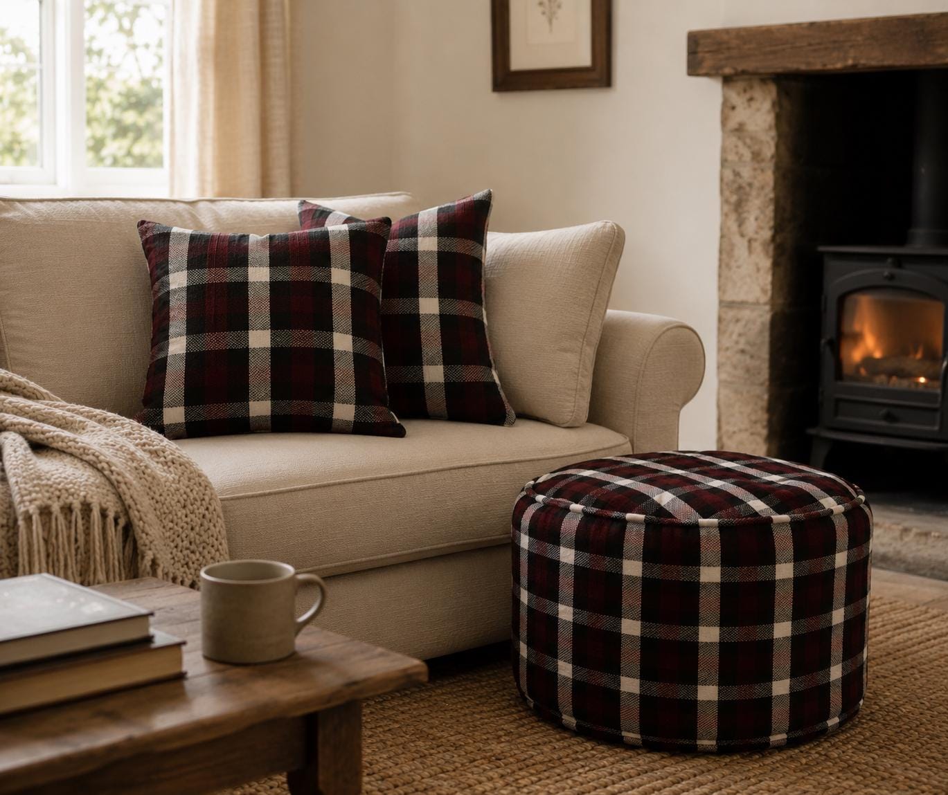 Purple Plaid Footstool: Washable Tartan Ottoman, Living Room Decor