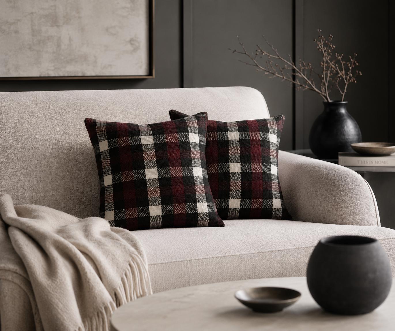 Plaid Throw Pillows: Purple & Black Tartan Cushions, Woven Cotton (Pair)
