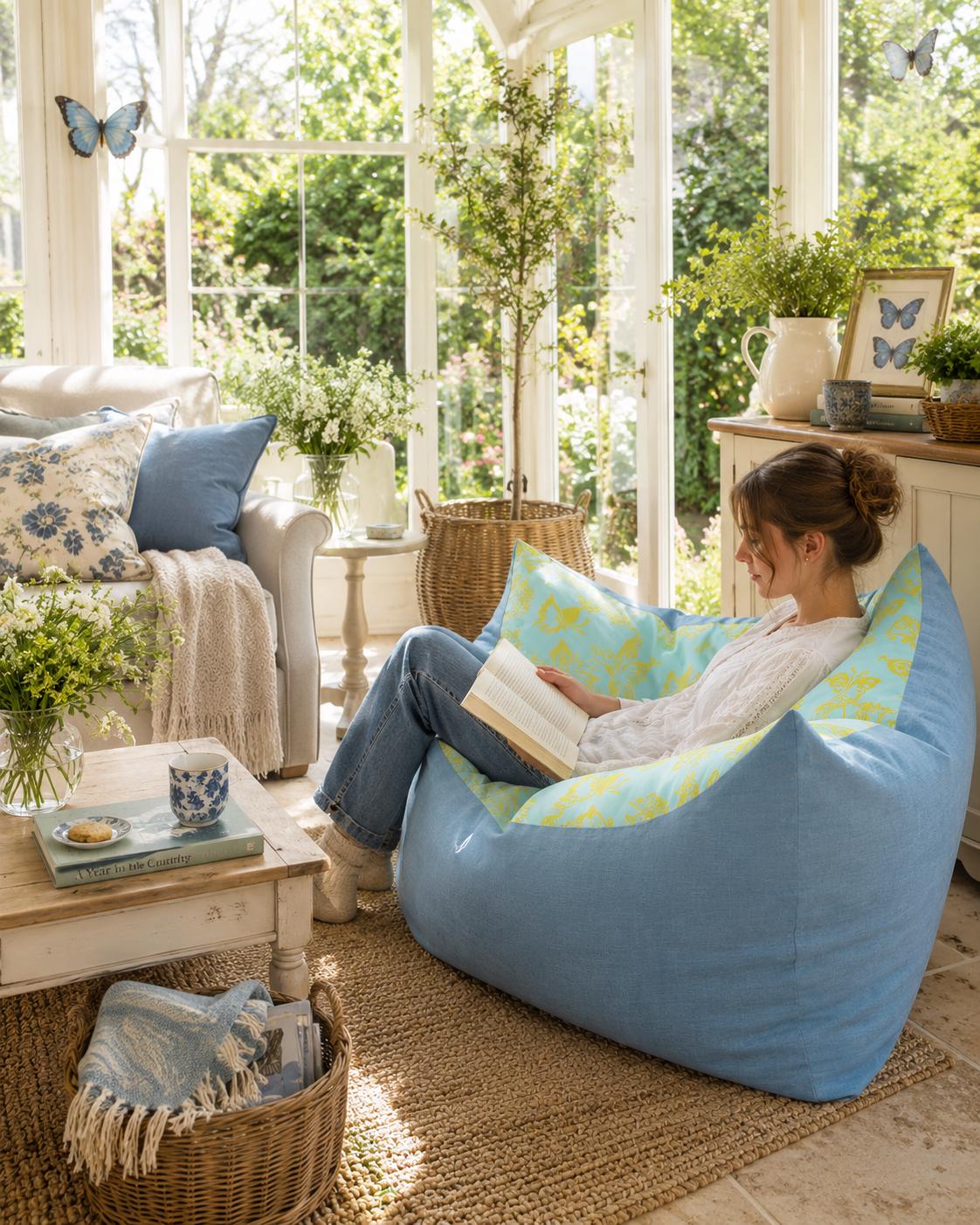 Butterfly Print Square Footstool: Hand-Printed Pouffe, Summer Decor