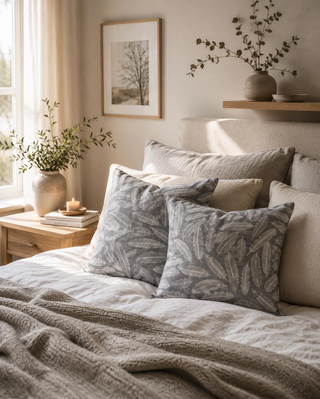Feather Print Grey Cushion Cover: Hand-Dyed Minimalist Decor
