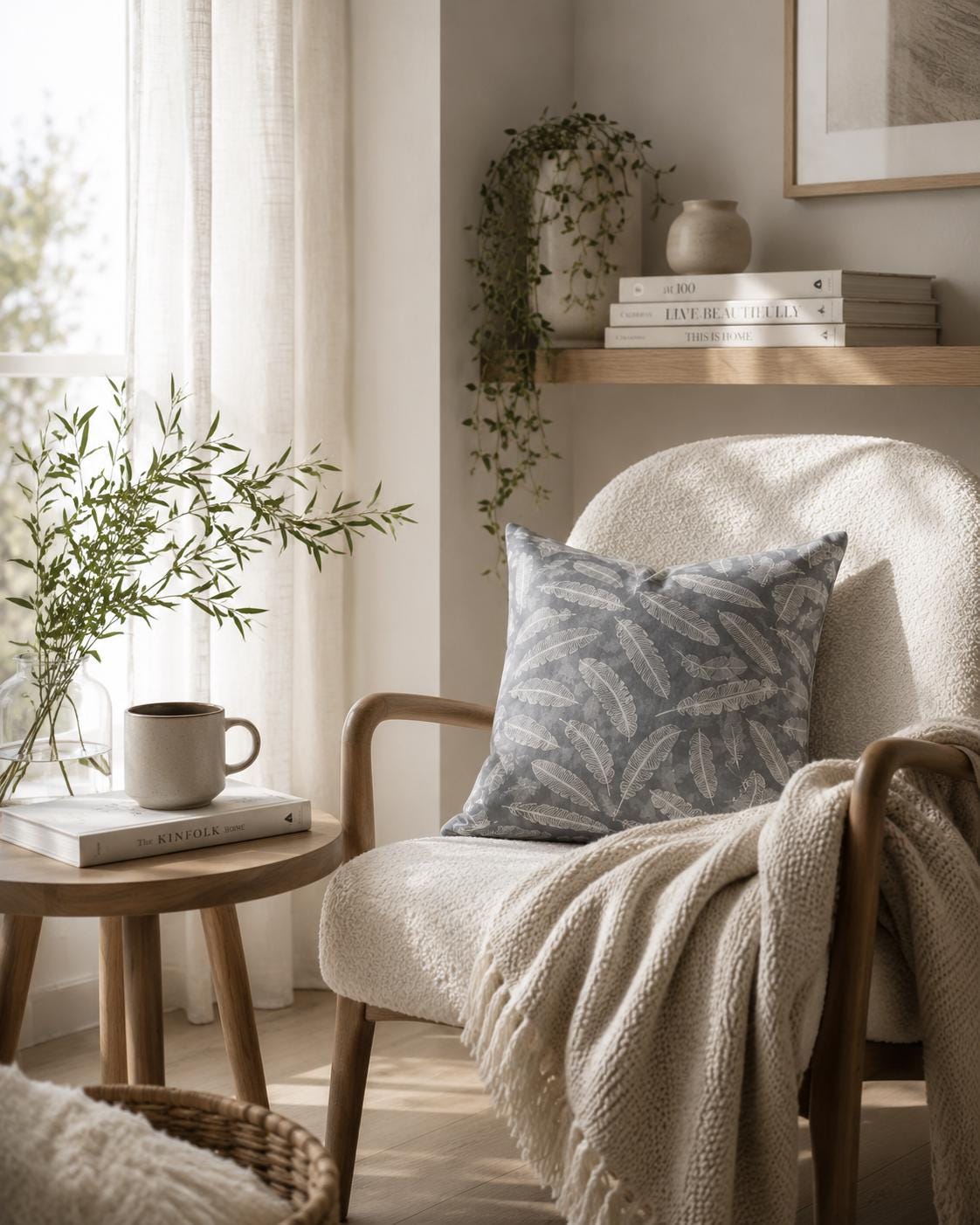 Feather Print Grey Cushion Cover: Hand-Dyed Minimalist Decor