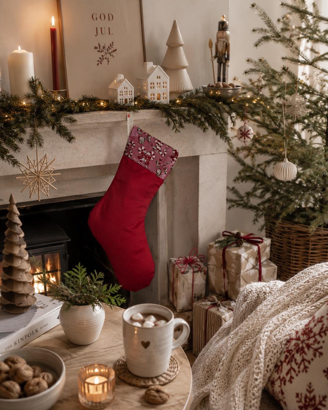 Handmade Christmas Stocking: Red Candy Cane Fabric, Silver Velvet Trim