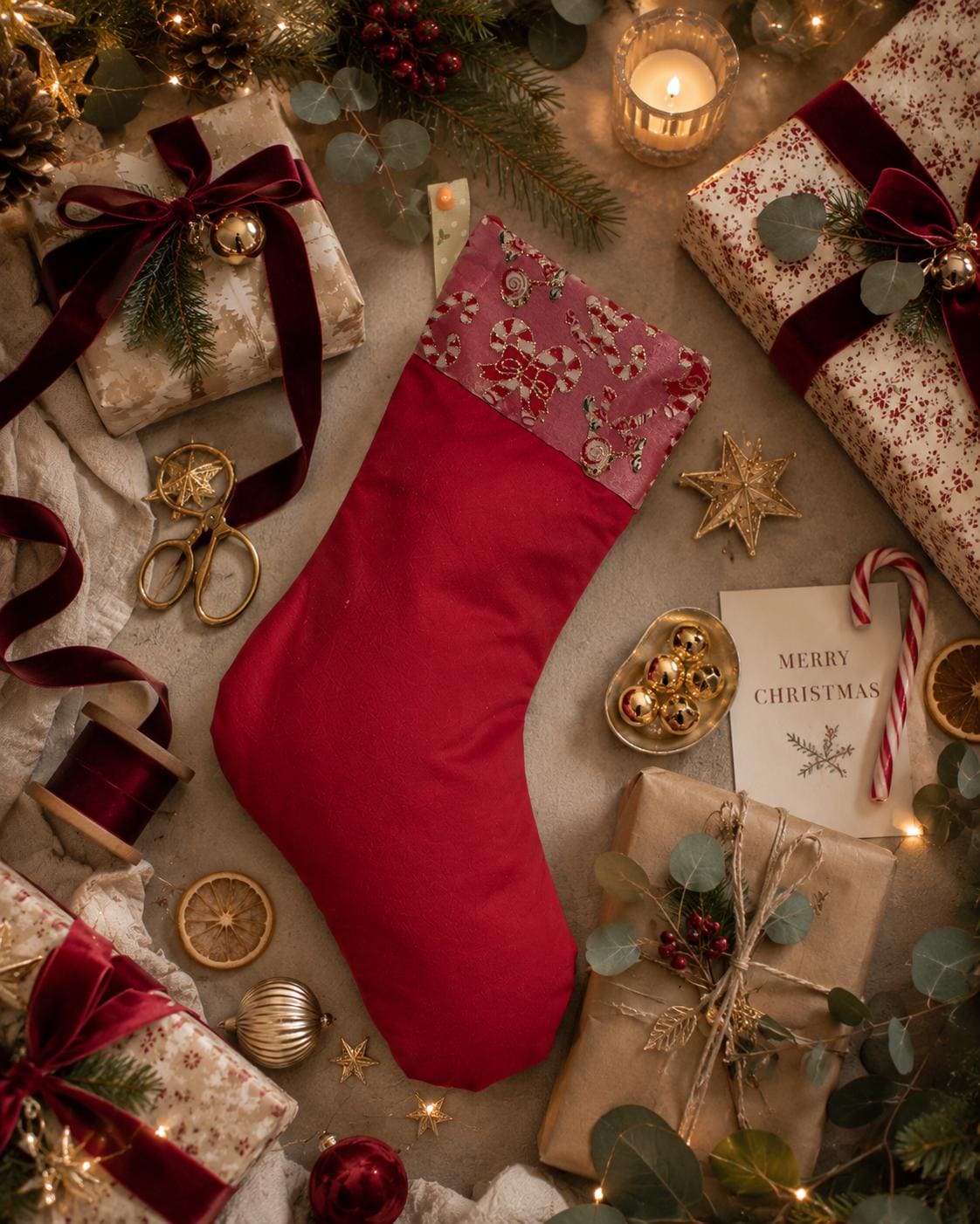 Handmade Christmas Stocking: Red Candy Cane Fabric, Silver Velvet Trim