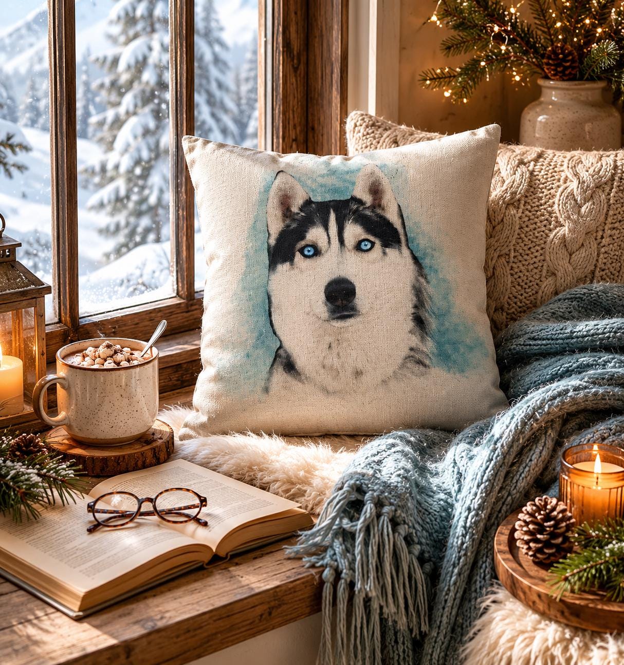 Husky Dog Print Cushion: Cotton Linen Pillow, Animal Lover Gift