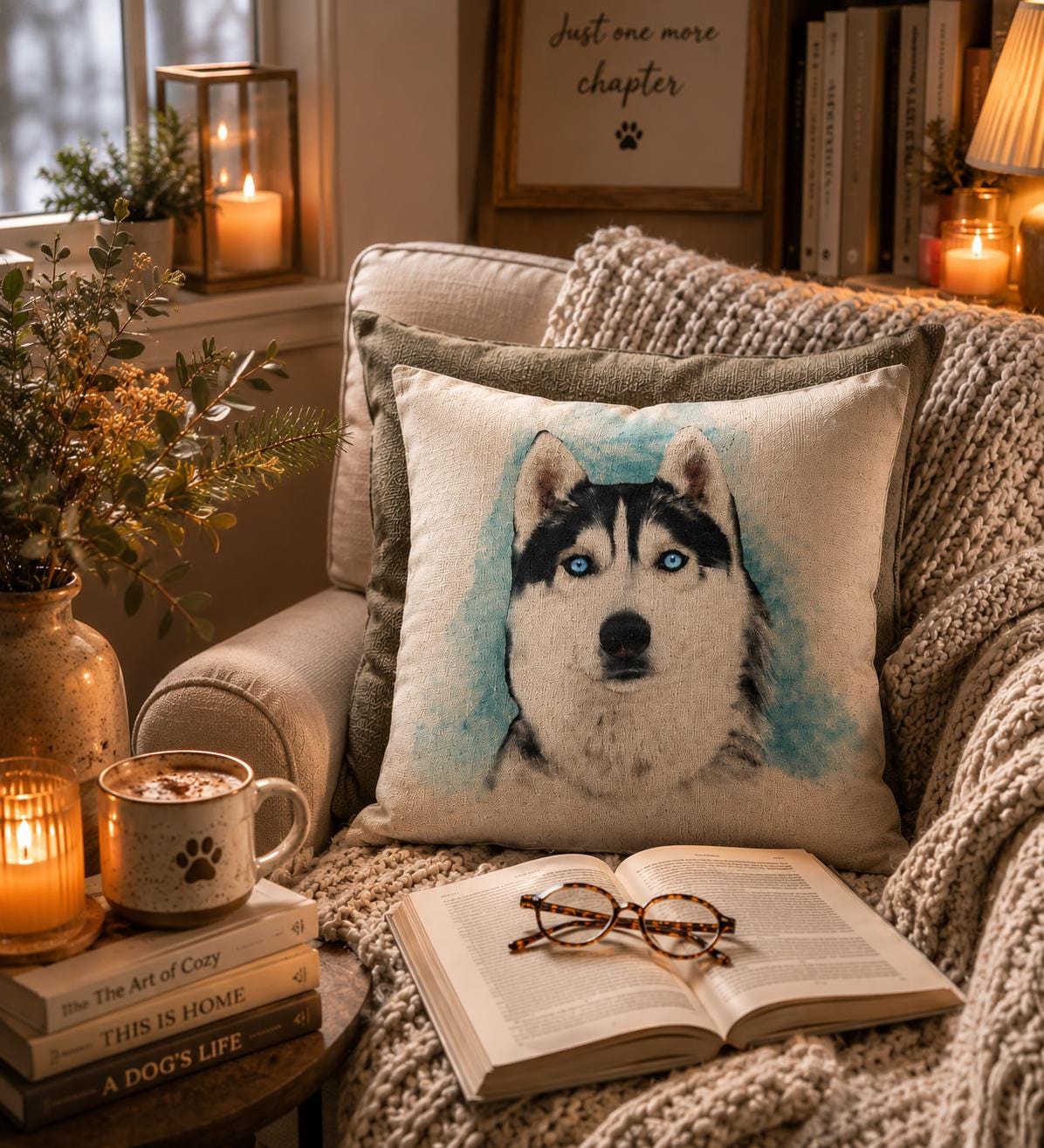 Husky Dog Print Cushion: Cotton Linen Pillow, Animal Lover Gift