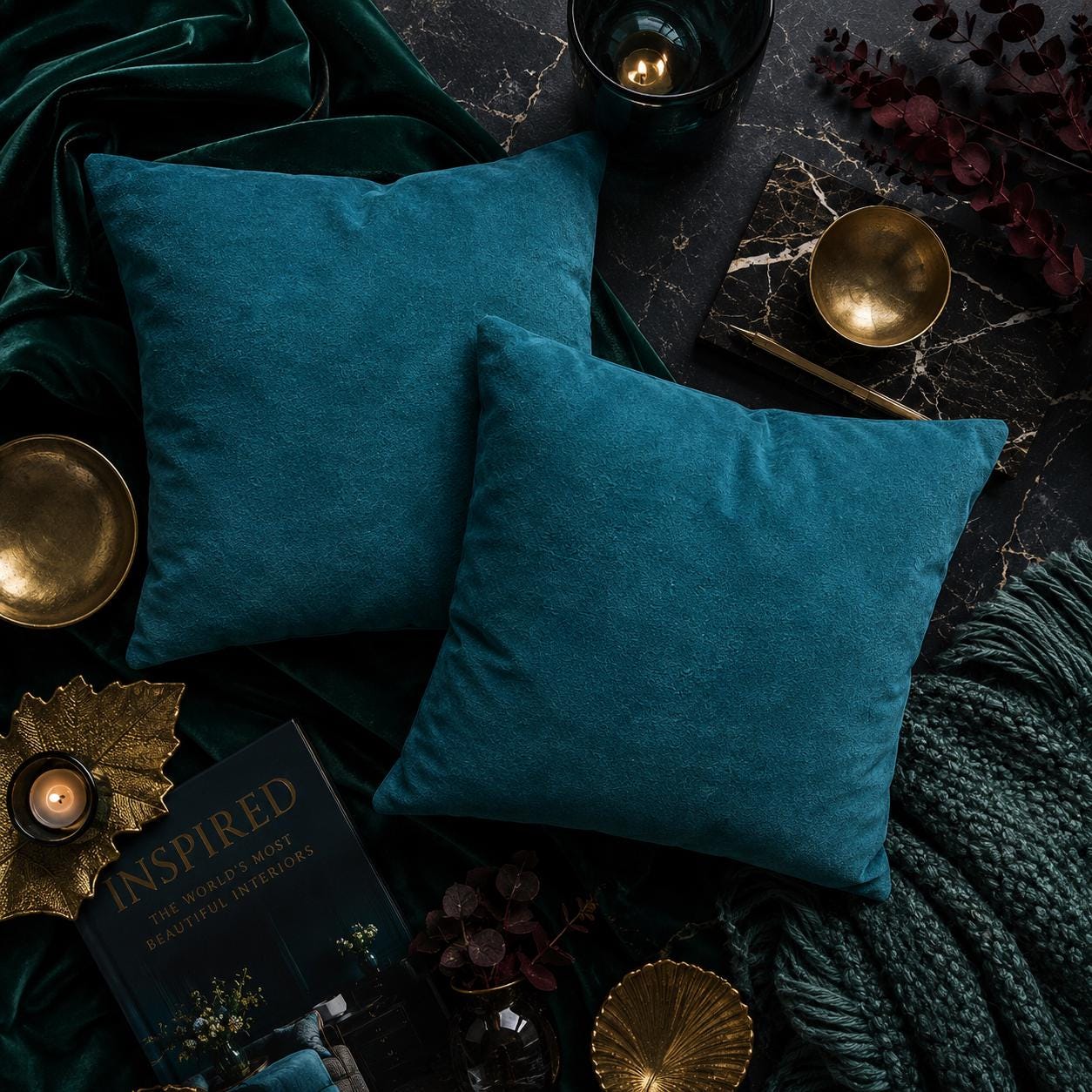 Teal Velvet Cushions: Square Pillows, Family Room Decor (30cm)