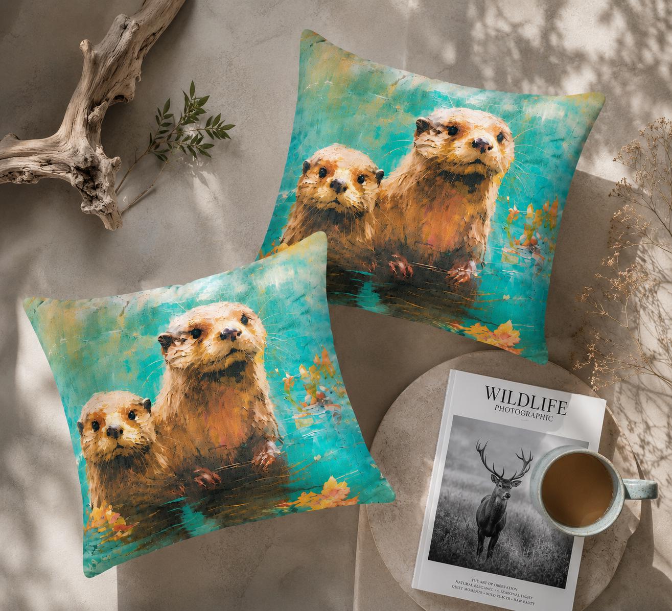 Otter Family Watercolour Print Cushions | Nature Inspired Coastal Home Décor (30x30cm)