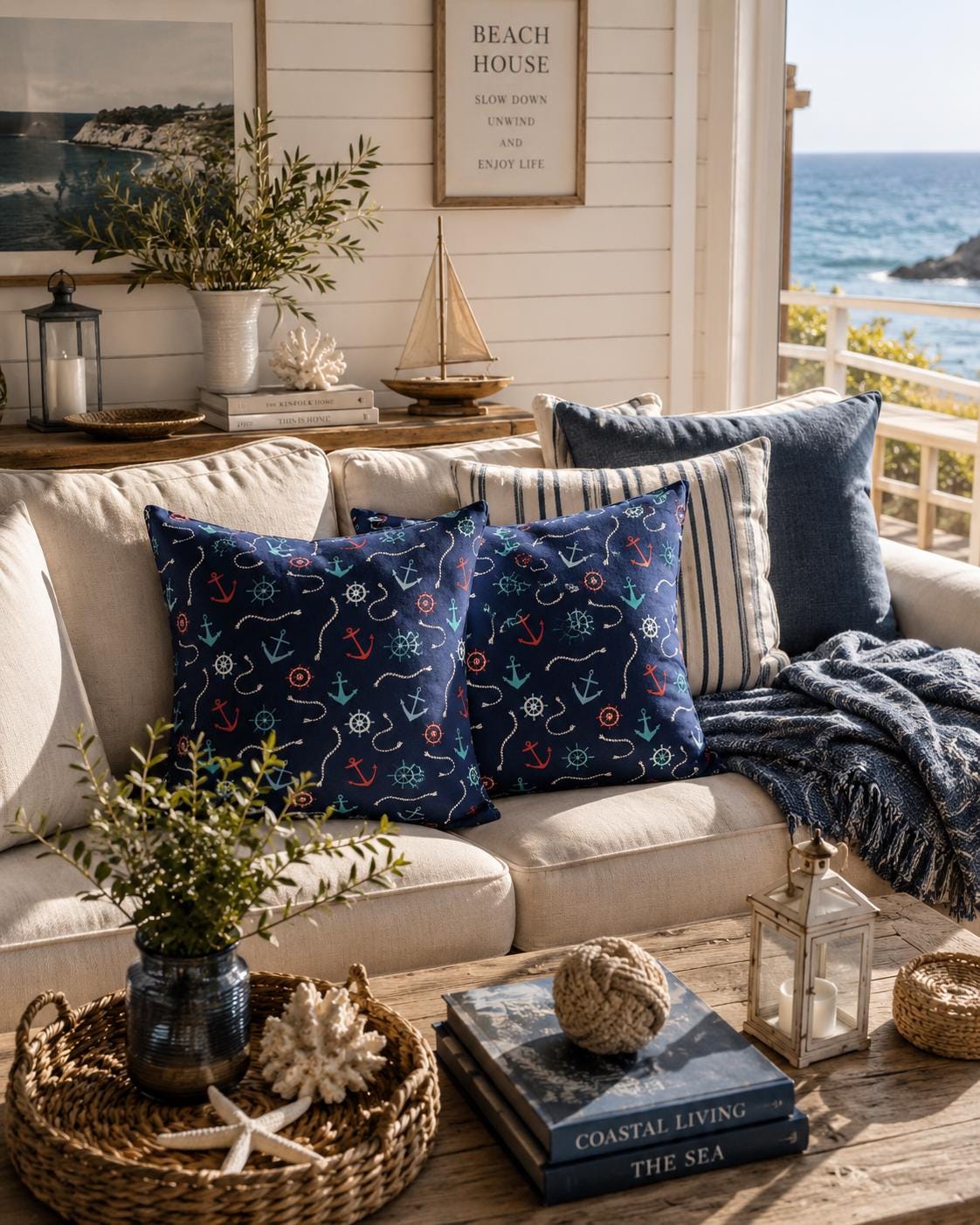 Nautical Pillow Set: Navy Blue Anchor Cushions, Summer Decor