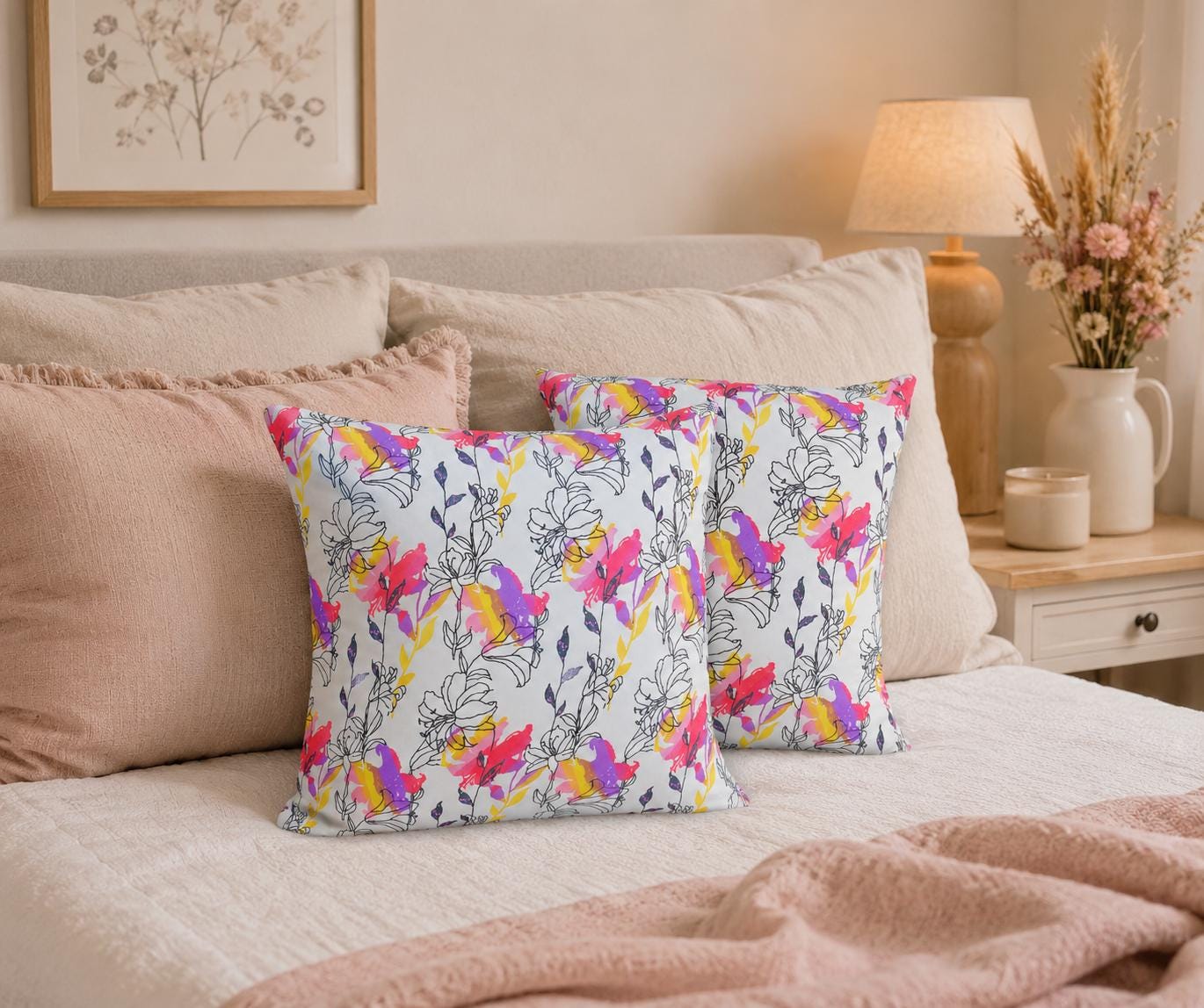 Vibrant Floral Cushion Set: Handmade Colorful Throw Pillows