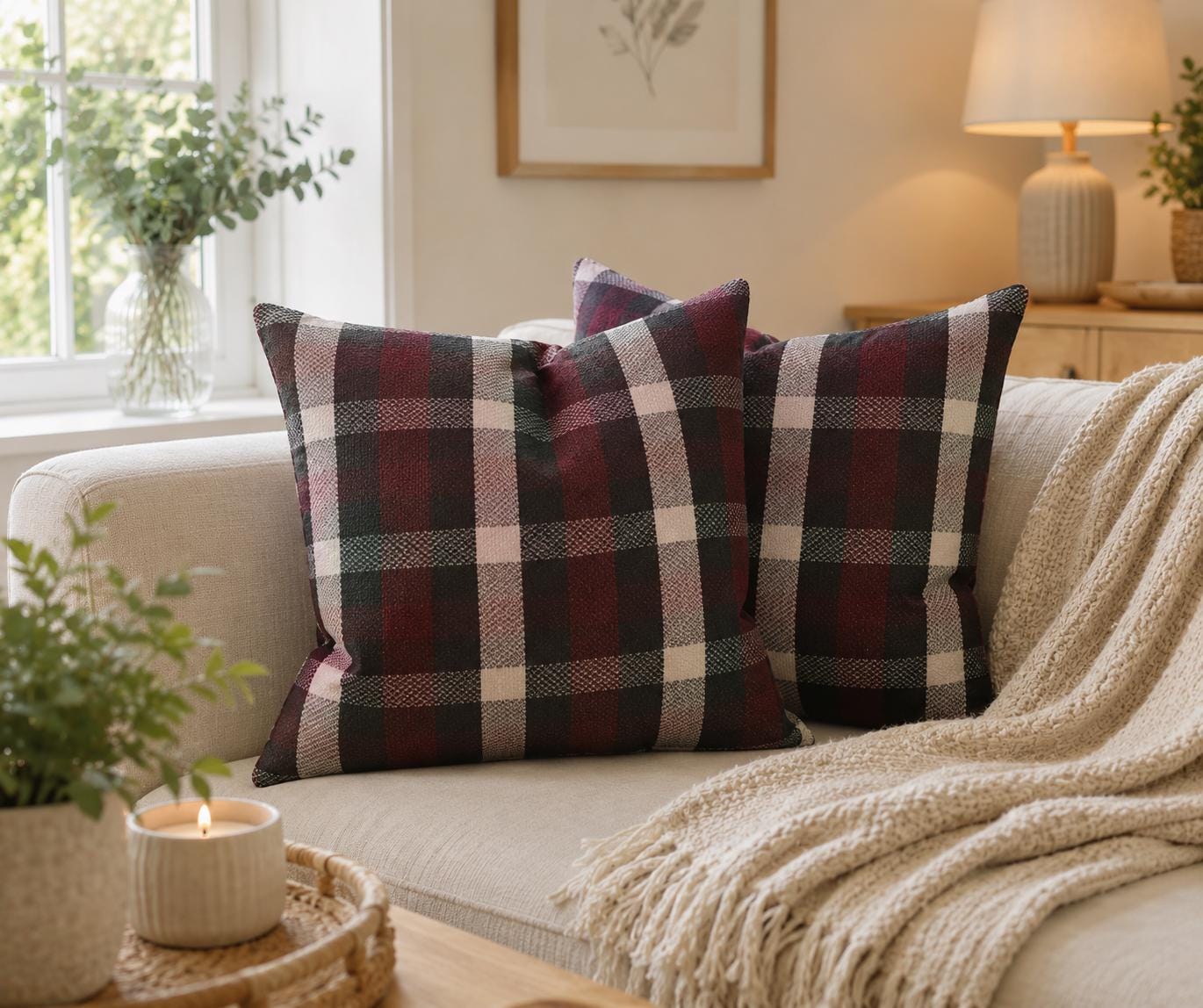 Plaid Throw Pillows: Purple & Black Tartan Cushions, Woven Cotton (Pair)