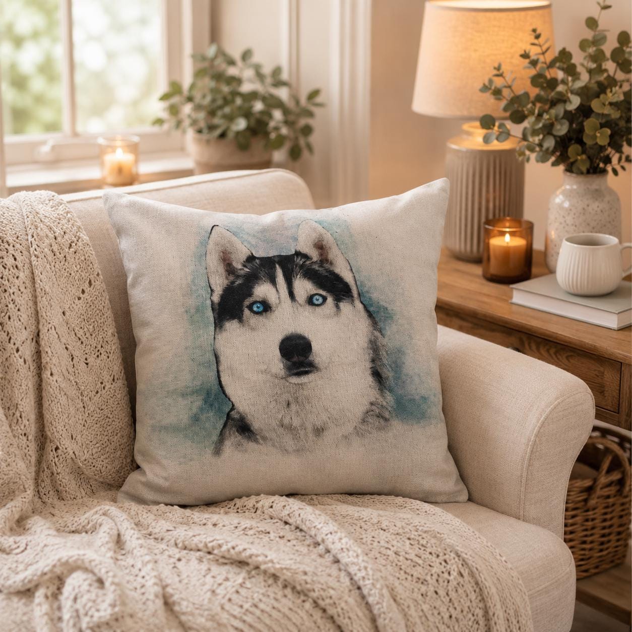Husky Dog Print Cushion: Cotton Linen Pillow, Animal Lover Gift